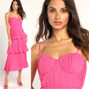 Lulus Cascading Crush Hot Pink Tiered Bustier Midi Dress